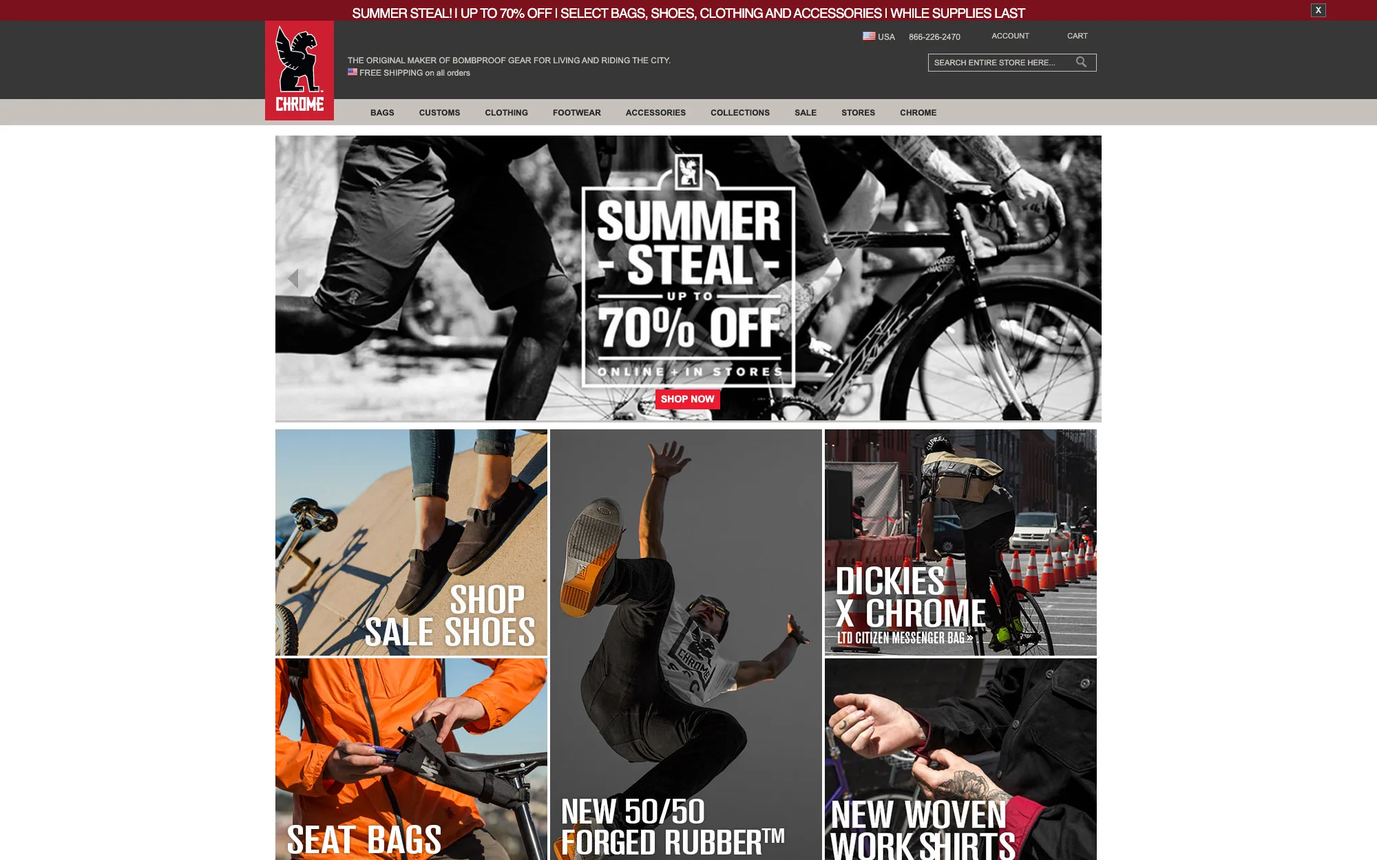 The Chrome Industries homepage in June 2015: a red banner announcing “Summer Steal — up to 70% off”, a hero of a cyclist and bike, and a grid of product tiles — Shop Sale Shoes, Dickies x Chrome, Seat Bags, New 50/50 Forged Rubber, New Woven Work Shirts — under the Chrome knight logo.