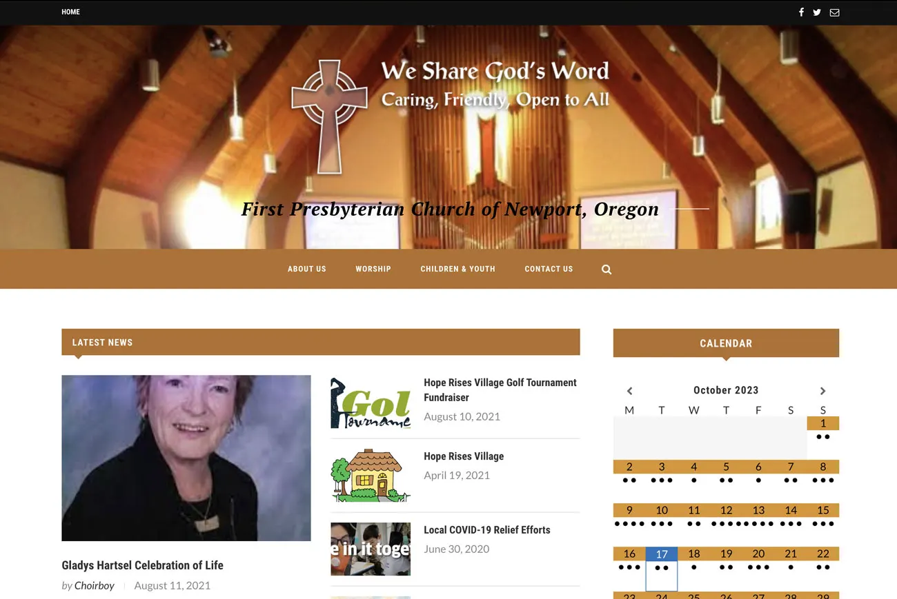 The First Presbyterian Church of Newport, Oregon homepage: a photograph of the sanctuary’s wooden ceiling and organ pipes behind a cross and the words “We Share God’s Word — Caring, Friendly, Open to All”, above a Latest News column and a month calendar widget marked with event dots.
