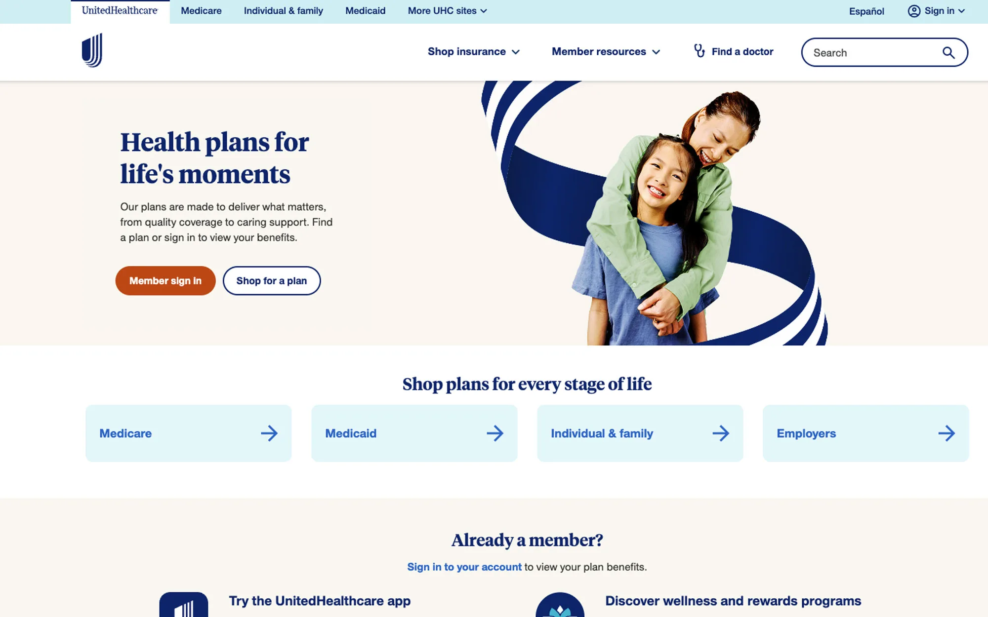 The UnitedHealthcare homepage: the headline “Health plans for life’s moments” beside a photograph of a smiling mother hugging her daughter inside a sweeping navy ribbon, with “Member sign in” and “Shop for a plan” buttons, above four tiles for Medicare, Medicaid, Individual & family and Employers.