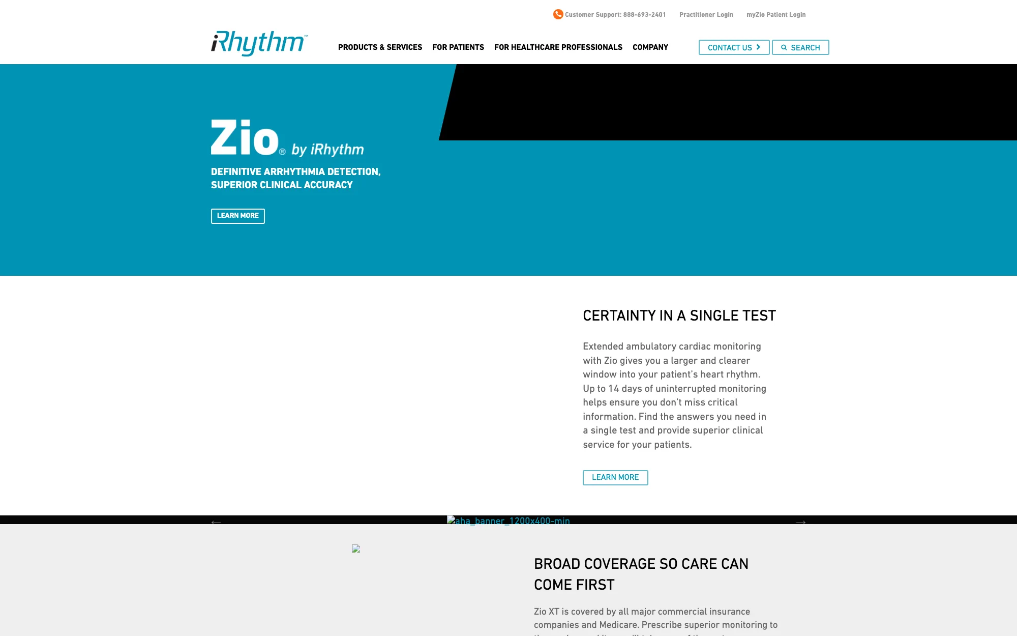 The iRhythm homepage in June 2019: a teal hero reading &ldquo;Zio by iRhythm &mdash; definitive arrhythmia detection, superior clinical accuracy&rdquo; with a Learn More button, above a section headed &ldquo;Certainty in a single test&rdquo; describing up to 14 days of uninterrupted cardiac monitoring.
