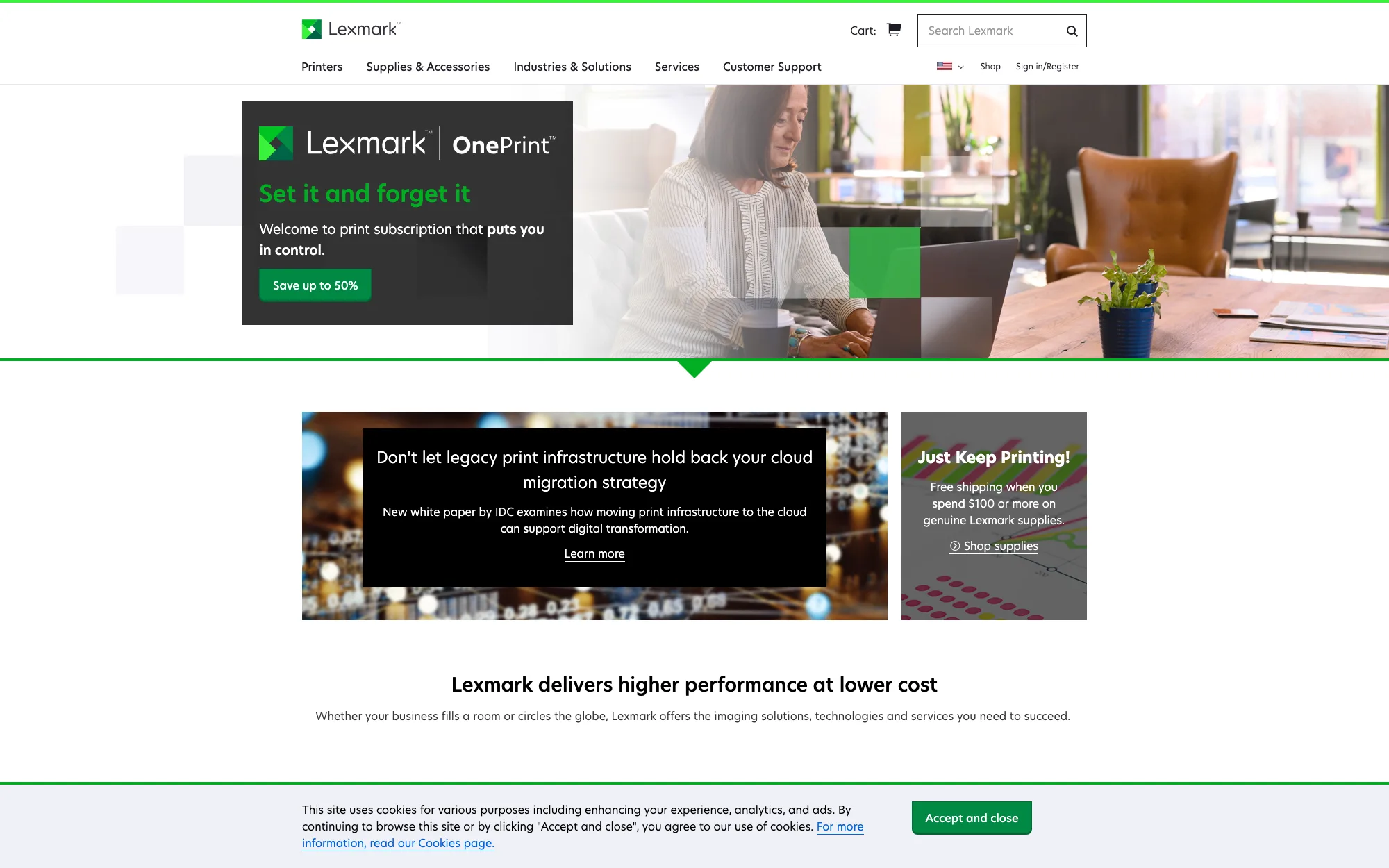 The Lexmark homepage in December 2022: a green-and-white layout with a “Lexmark OnePrint — Set it and forget it” panel over a photograph of someone working at a sunlit desk, promotional tiles for cloud print migration and supplies below, and the line “Lexmark delivers higher performance at lower cost.”