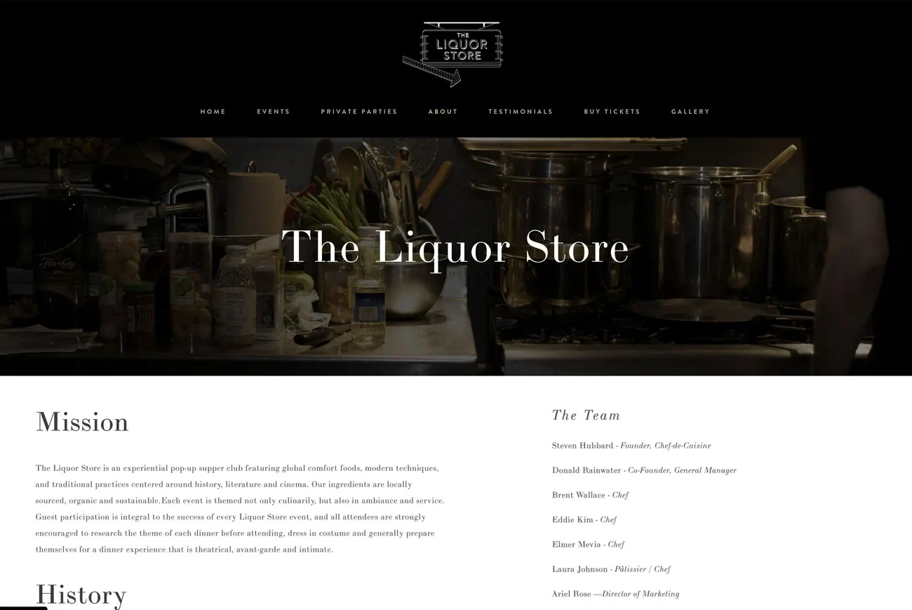 The Liquor Store SF homepage: a dark, low-lit kitchen photograph — stockpots, jars and utensils on a counter — under the title “The Liquor Store” in a light serif, above a Mission statement describing an experiential pop-up supper club and a team list headed by Steven Hubbard, Founder and Chef de Cuisine.