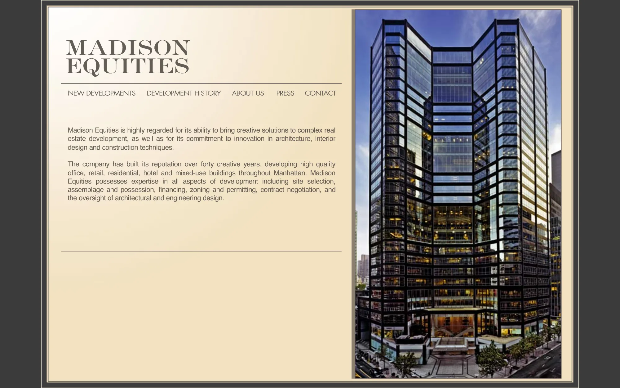 The Madison Equities site in 2009: the serif Madison Equities logo over a menu reading New Developments, Development History, About Us, Press and Contact, two paragraphs of company copy on a cream panel, and a tall photograph of 875 Third Avenue, a black-framed glass tower, on the right.