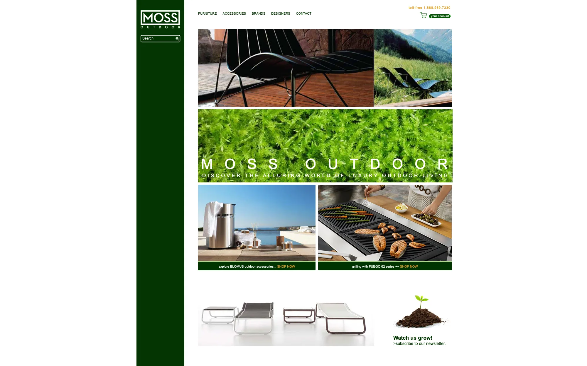 The Moss Outdoor homepage in February 2011: a dark green sidebar carrying the Moss logo and search, beside a grid of outdoor-living photography — a black lounge chair on a deck, loungers on a hillside, a moss-covered banner reading “Discover the alluring world of luxury outdoor living”, and a grill — with a “Watch us grow!” newsletter panel below.