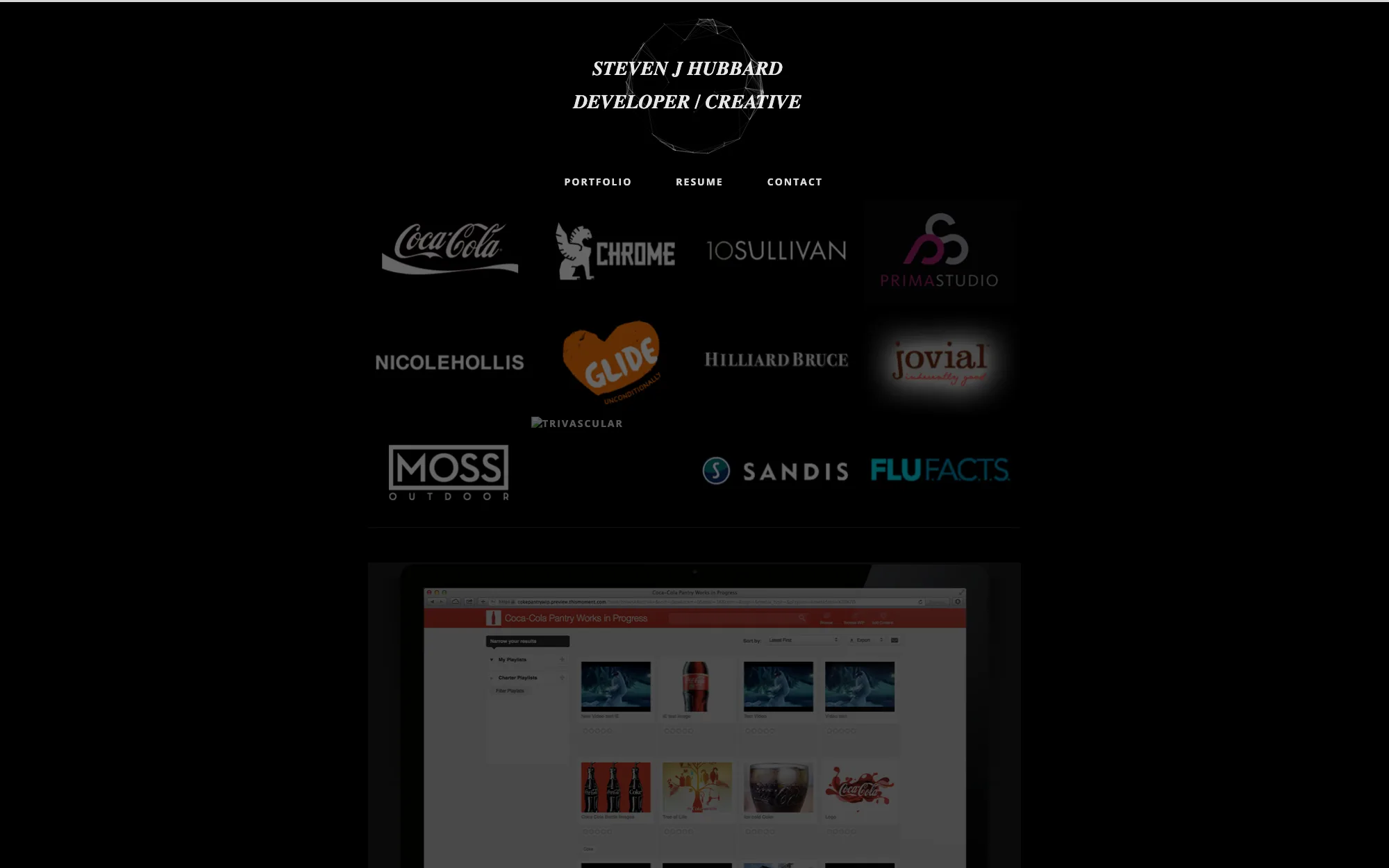 The nationalflashback.com portfolio in August 2019: a black page headed &ldquo;Steven J Hubbard, Developer / Creative&rdquo; inside a wireframe circle, a Portfolio / Resume / Contact menu, a client logo wall including Coca-Cola, Chrome, 1OSullivan, Prima Studio, Nicole Hollis, Glide, Hilliard Bruce, Jovial, Moss Outdoor, Sandis and FluFacts, and a laptop showing the Coca-Cola Pantry case study.