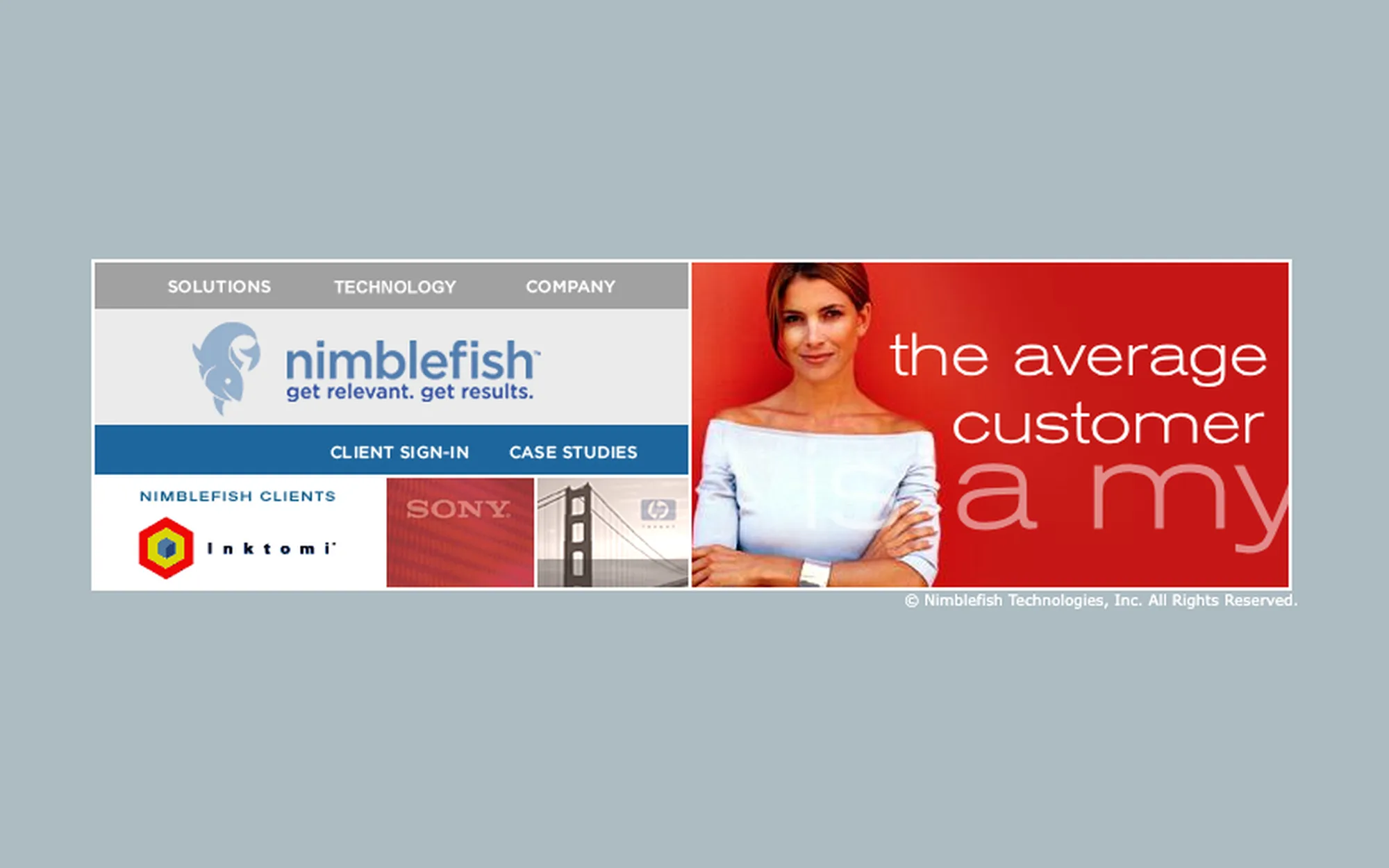 The Nimblefish Technologies homepage in June 2005: a small fixed-width layout with the nimblefish fish logo and the tagline &ldquo;get relevant. get results.&rdquo;, a Solutions / Technology / Company menu, a client strip showing Inktomi, Sony and HP, and a red panel reading &ldquo;the average customer is a myth&rdquo;.