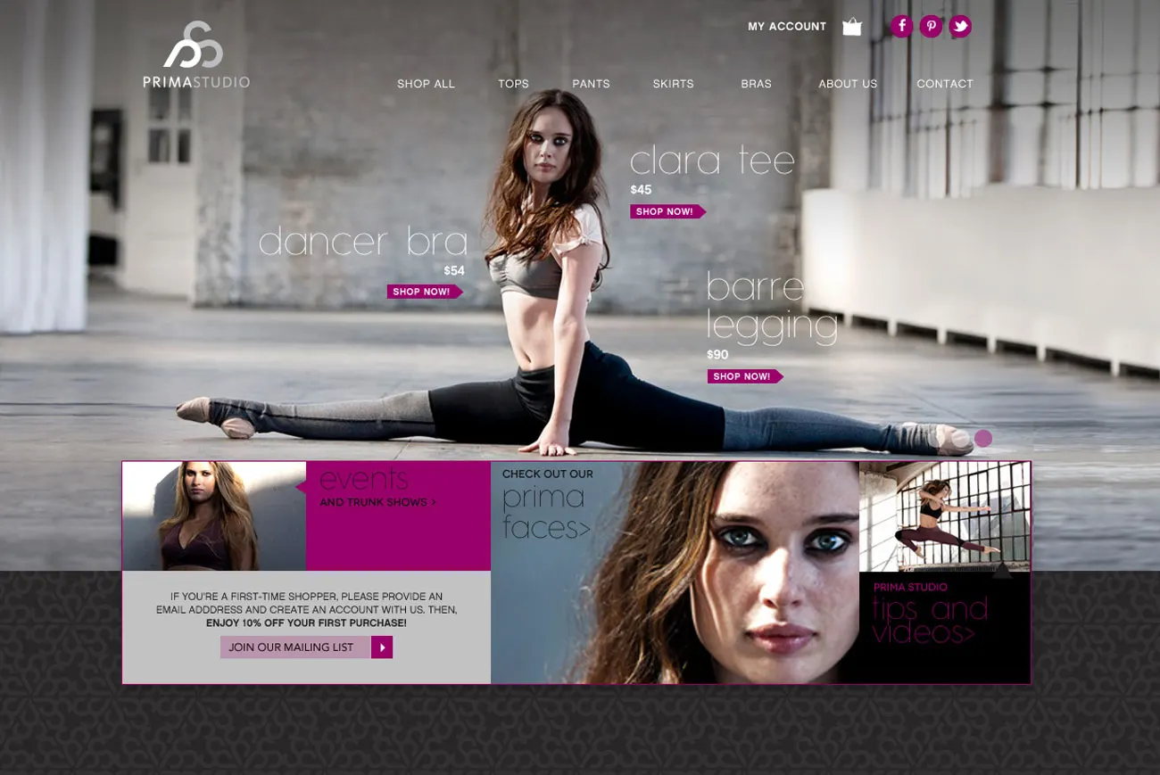 The Prima Studio storefront: a dancer in the splits on a studio floor under a magenta-and-grey layout, with hotspot labels for “dancer bra $54”, “clara tee $45” and “barre legging $90”, above panels for events and trunk shows, Prima Faces, and tips and videos.