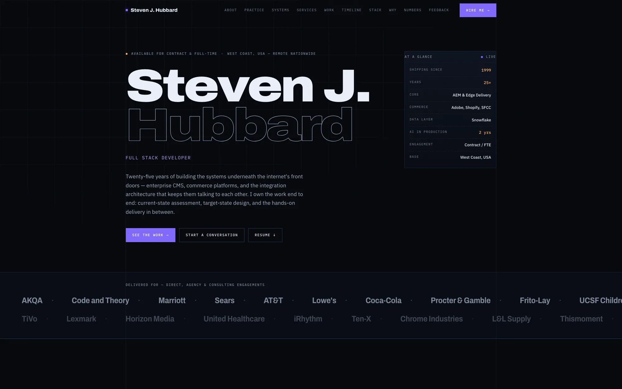 The stevenjhubbard.com homepage on a near-black background: the name “Steven J. Hubbard” set very large in outlined display type, an “at a glance” panel listing years, core platforms and availability, and a row of client names running along the bottom — AKQA, Code and Theory, Marriott, Sears, AT&T, Lowe’s, Coca-Cola.