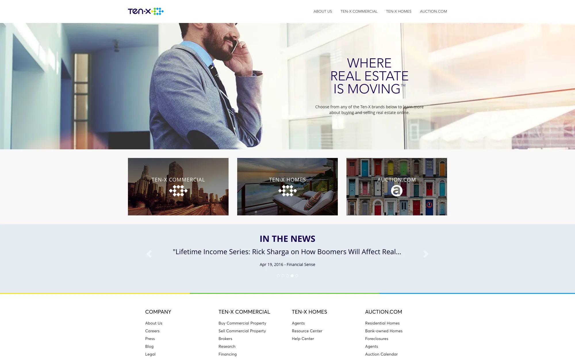 The Ten-X homepage in December 2016: a photograph of a man on a phone in a glass-walled office, headlined “Where real estate is moving”, above three tiles for Ten-X Commercial, Ten-X Homes and Auction.com, then an “In the News” strip and a four-column footer.