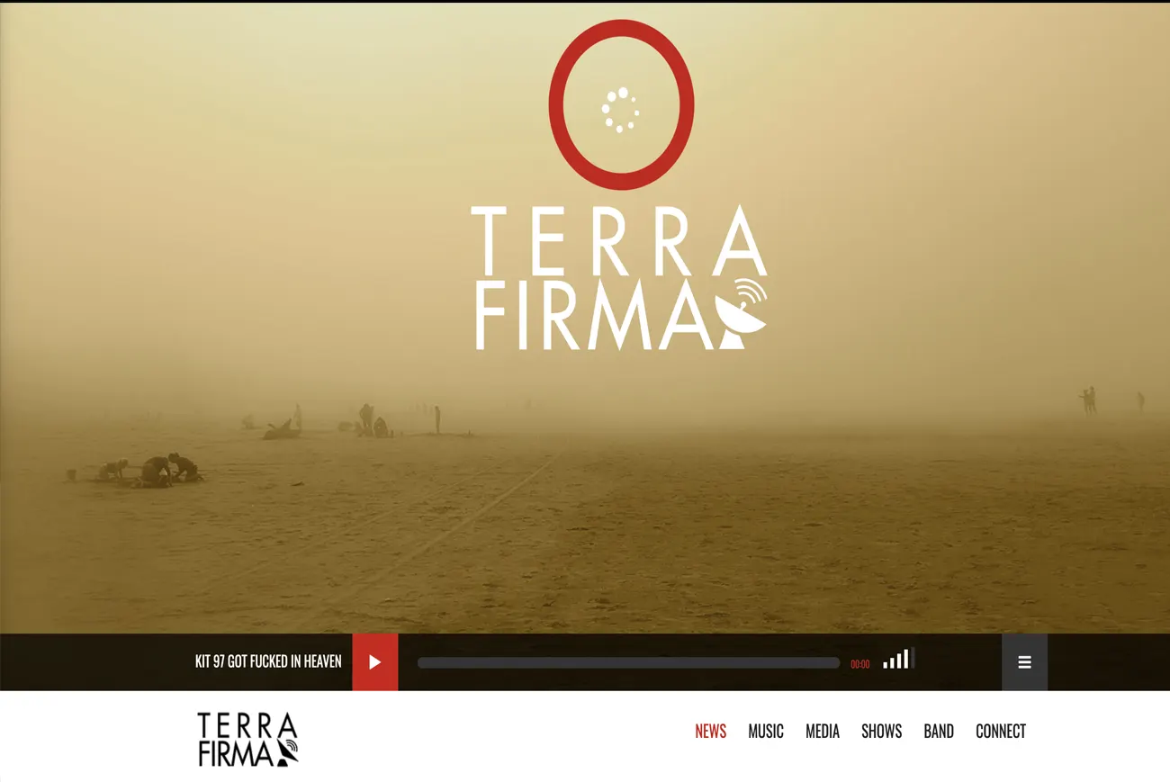 The Terra Firma Music homepage: a dusty golden desert scene, figures barely visible through haze, with the Terra Firma logo and satellite-dish mark centred over it. A persistent audio player runs along the bottom with a track cued up, above a navigation bar reading News, Music, Media, Shows, Band, Connect.