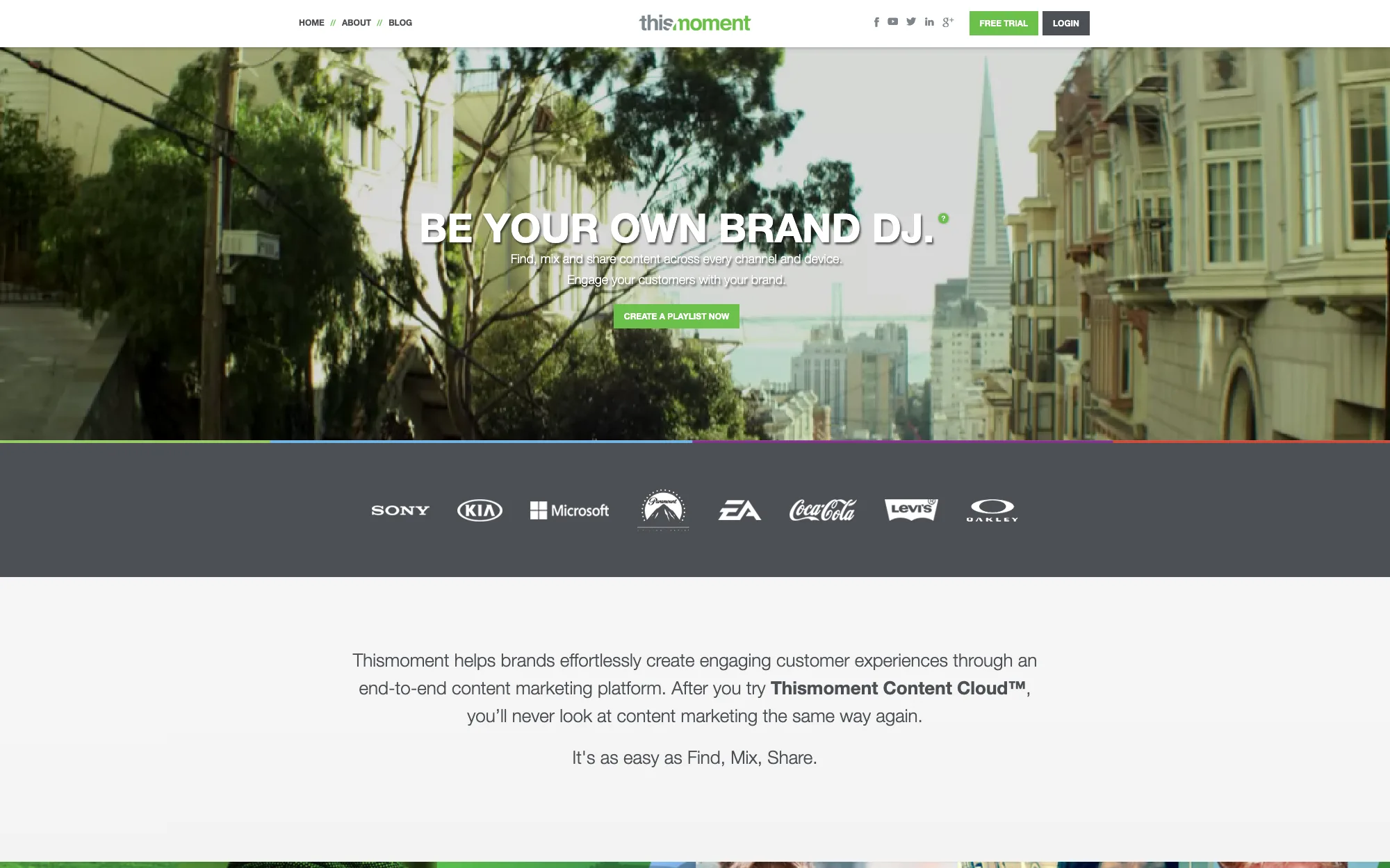 The Thismoment homepage in March 2014: a San Francisco street scene with the Transamerica Pyramid in the distance, headlined “Be your own brand DJ.”, above a grey band of client logos — Sony, Kia, Microsoft, Paramount, EA, Coca-Cola, Levi’s, Oakley.