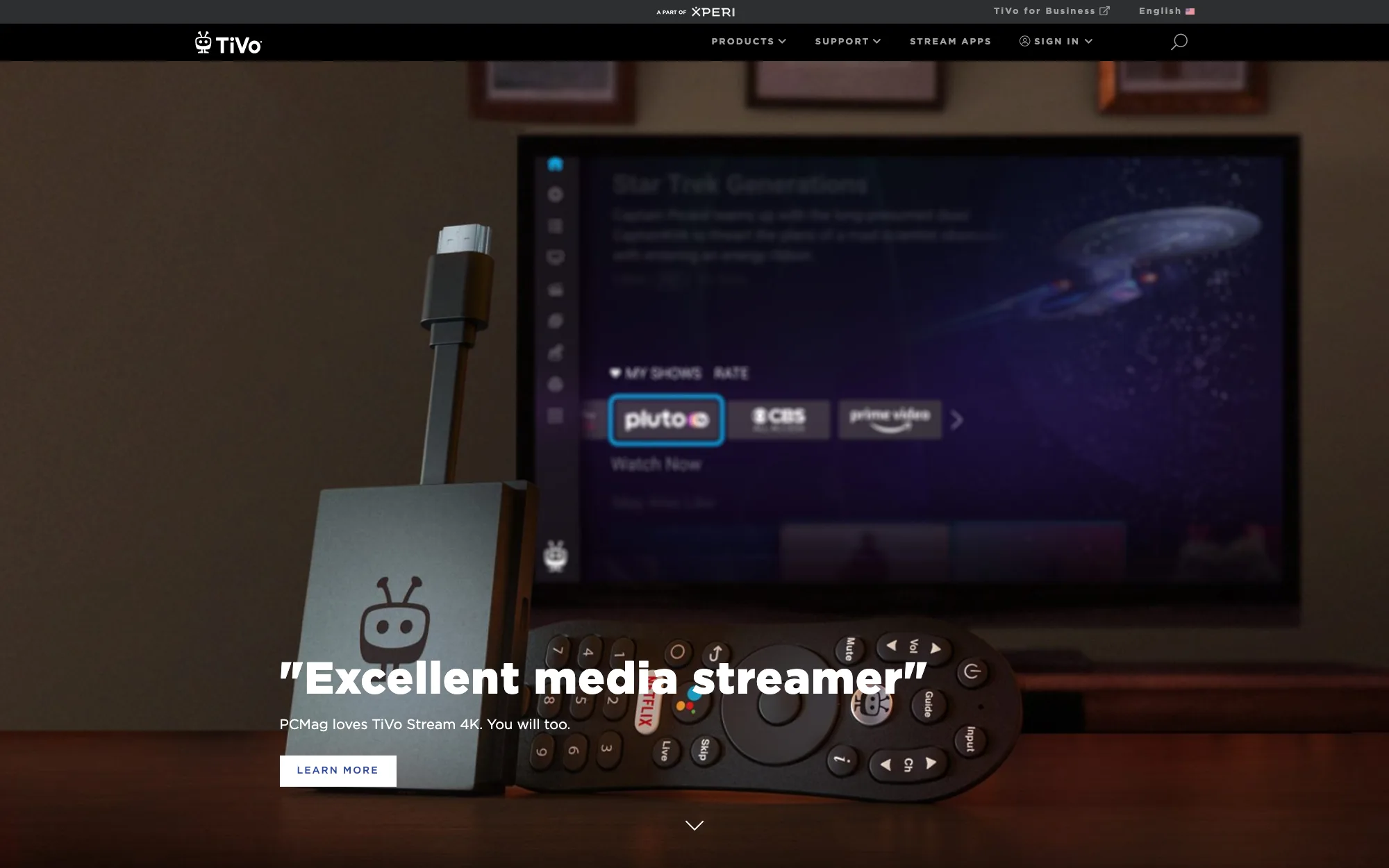 The TiVo homepage in November 2021: a dark product photograph of the TiVo Stream 4K dongle and remote in front of a wall-mounted television showing the TiVo interface, captioned “Excellent media streamer” with the line “PCMag loves TiVo Stream 4K. You will too.”