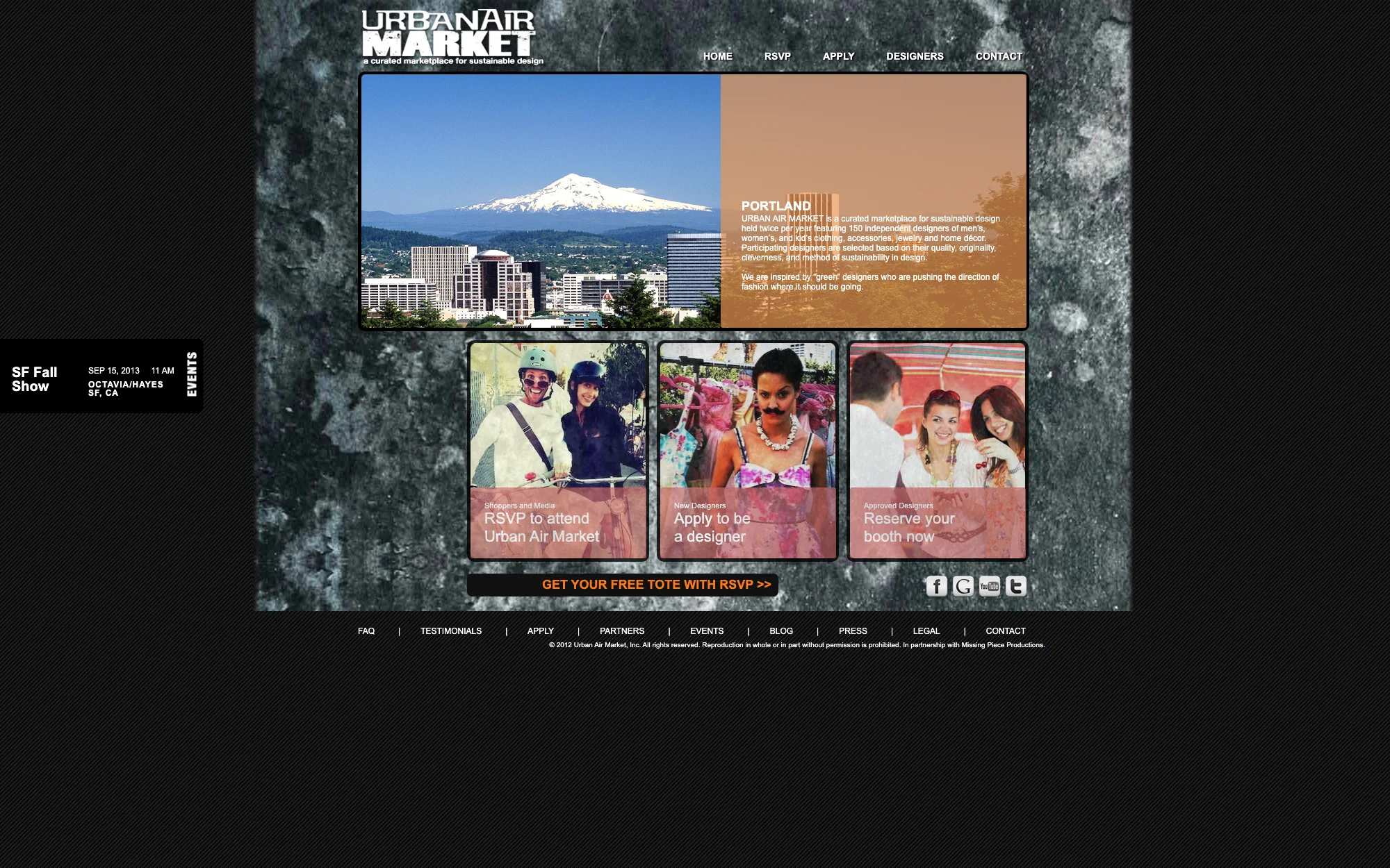 The Urban Air Market homepage in June 2013: a concrete-texture background with a photograph of Mount Hood above the Portland skyline, a Portland event description, and three tiles reading “RSVP to attend Urban Air Market”, “Apply to be a designer” and “Reserve your booth now”, above a green call to action.